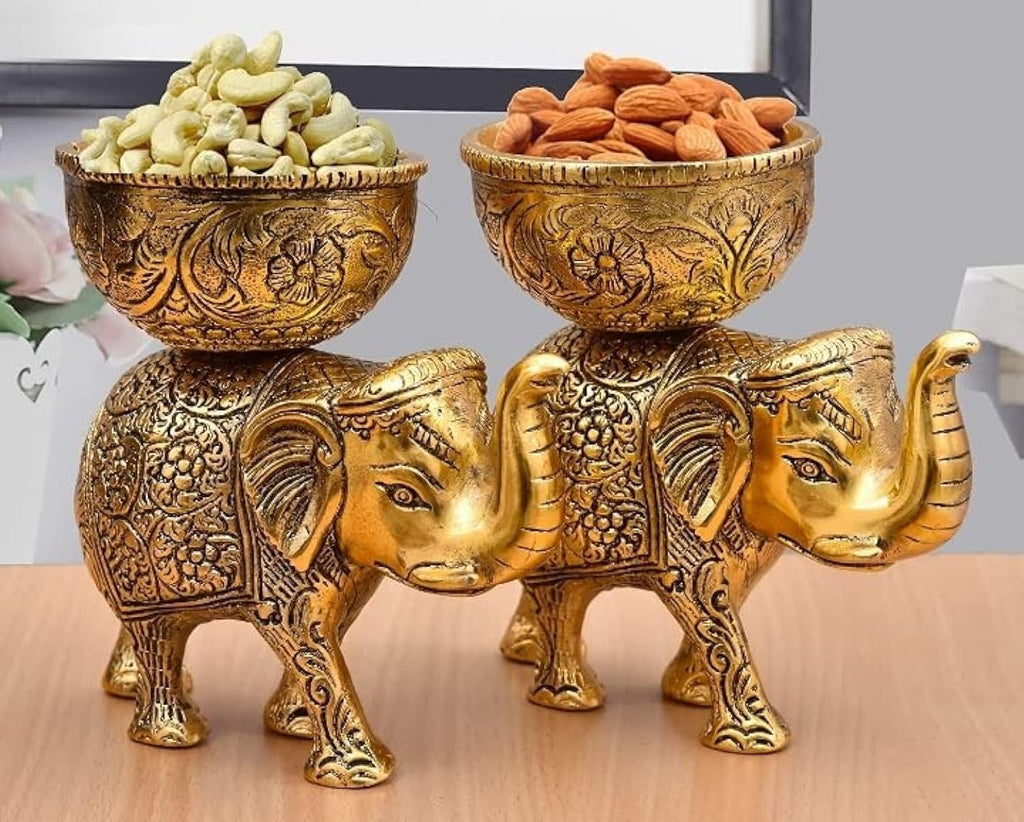 VIBHSA Metal Elephant Dry Fruit Bowl Showpiece Gold Polish for Your Home,Office Table