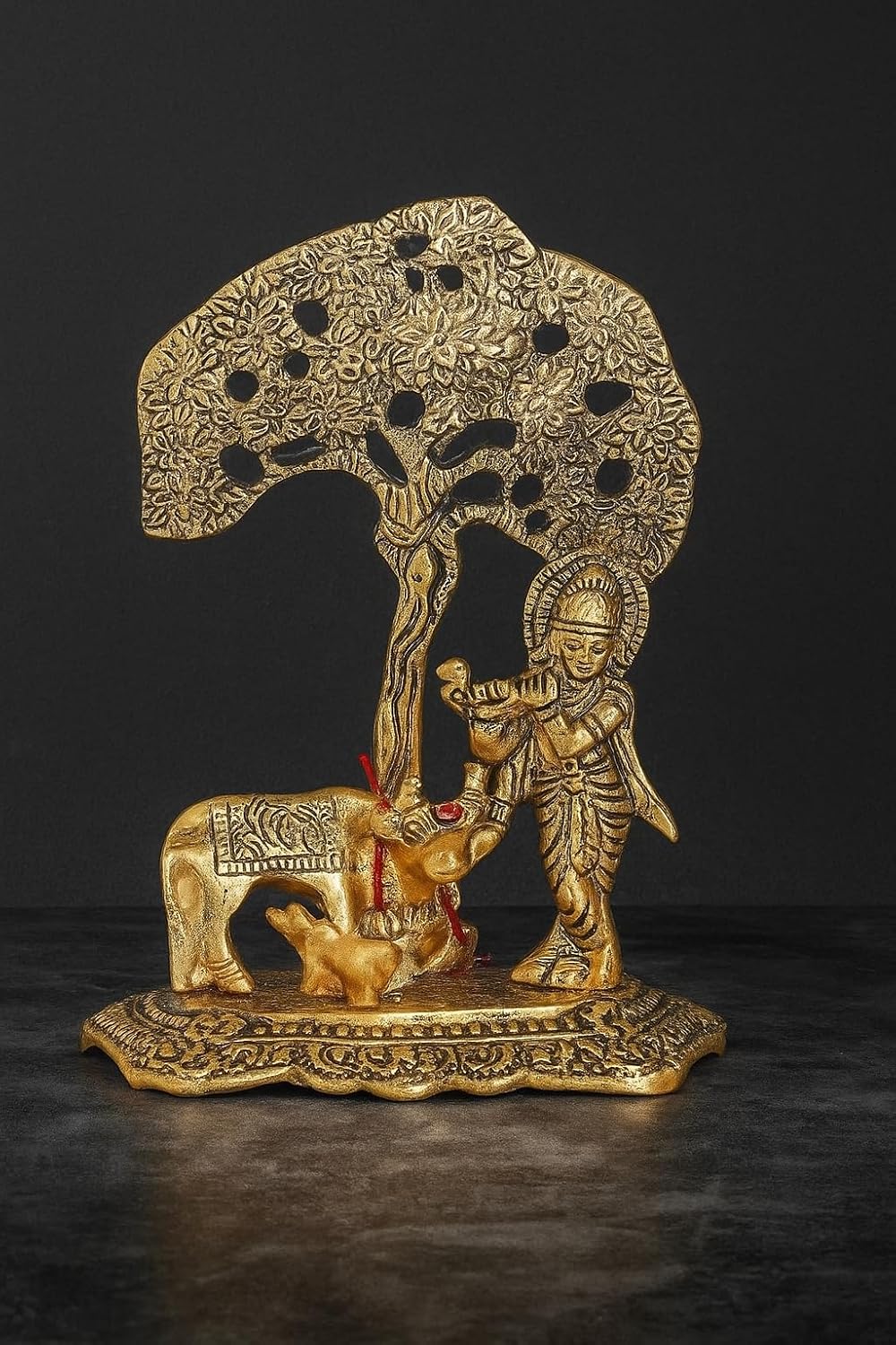 VIBHSA Home Decor & Gifts Metal Krishna with Cow Standing Under Tree Plying Flute (Gold, 12.5X8X16Cm), 1 Piece