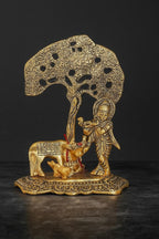 VIBHSA Home Decor & Gifts Metal Krishna with Cow Standing Under Tree Plying Flute (Gold, 12.5X8X16Cm), 1 Piece