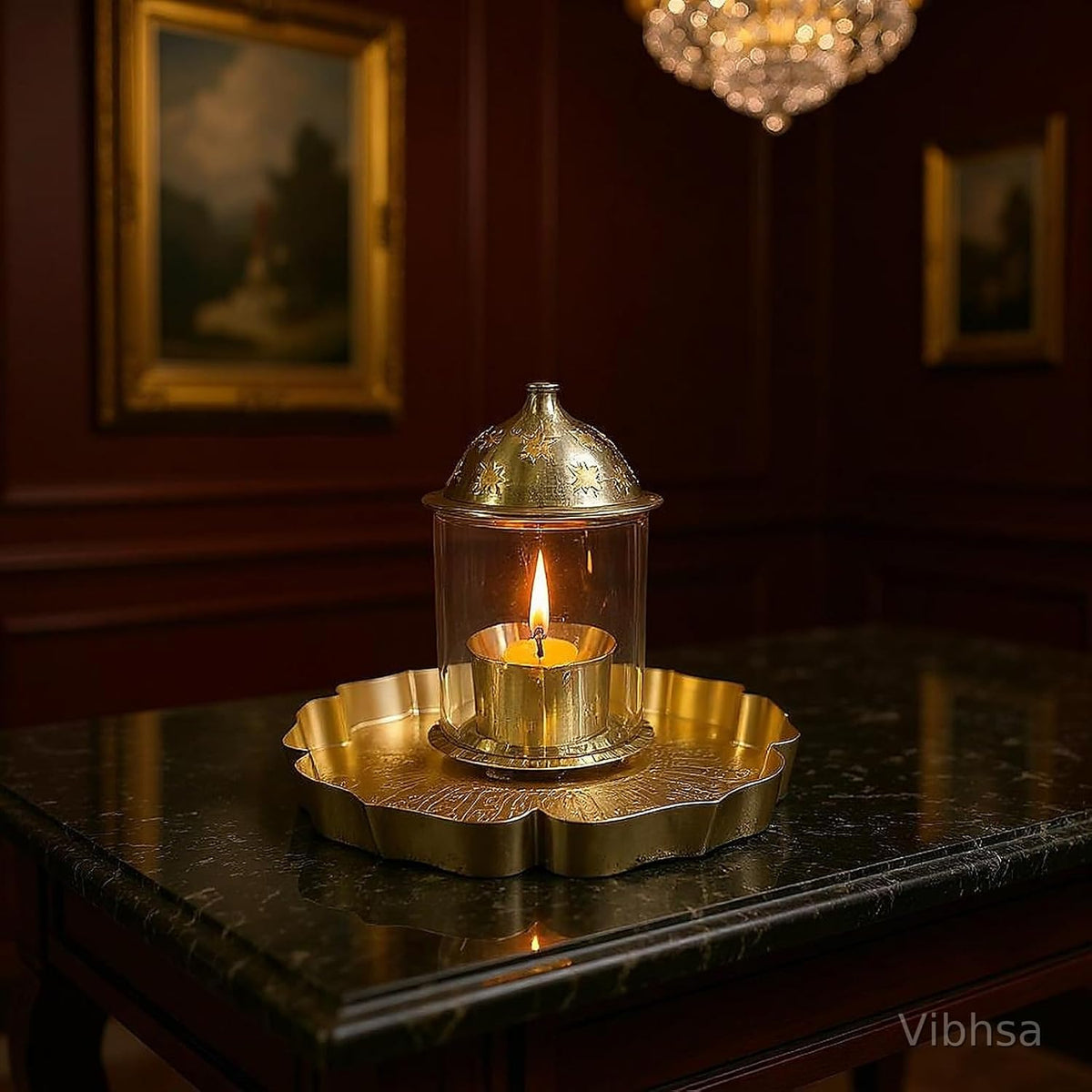 VIBHSA Brass Pooja Thali with Candle Lantern, Gold Embossed Floral Tray