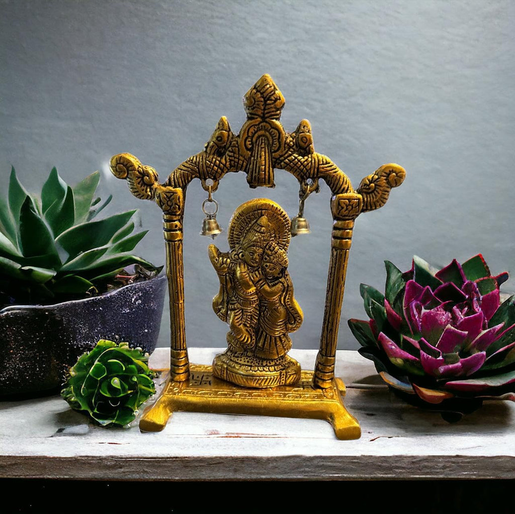 VIBHSA Metal Gold Plated Radha Krishna Idol Sculpture Statue Figurine Decorative Showpiece for Janmashtami Home Decoration Temple and Gift (Size 7 x 5 Inches) (1 Pieces)