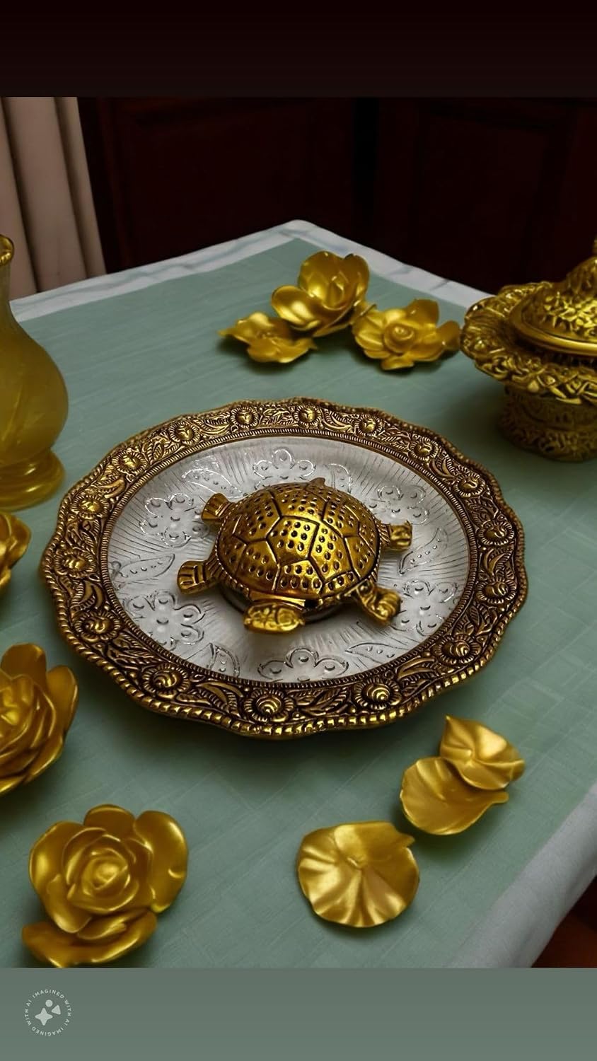 VIBHSA Metal Feng Shui Tortoise On Glass Plate Showpiece (Golden, Diameter: 5.5 Inch)