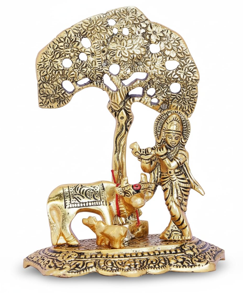 VIBHSA Home Decor & Gifts Metal Krishna with Cow Standing Under Tree Plying Flute (Gold, 12.5X8X16Cm), 1 Piece