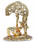 VIBHSA Home Decor & Gifts Metal Krishna with Cow Standing Under Tree Plying Flute (Gold, 12.5X8X16Cm), 1 Piece