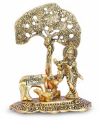 VIBHSA Home Decor & Gifts Metal Krishna with Cow Standing Under Tree Plying Flute (Gold, 12.5X8X16Cm), 1 Piece