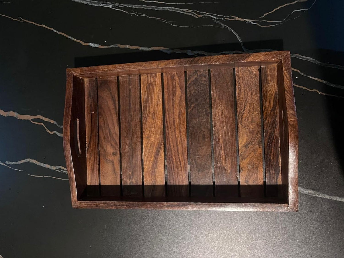 VIBHSA Wooden Serving Trays Unique Style with Round Handle Medium Size for Food