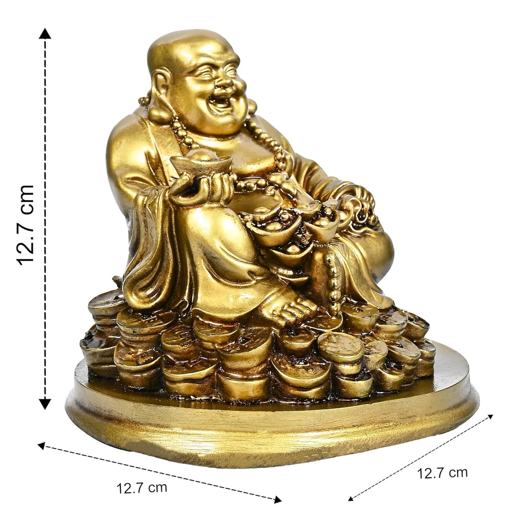 VIBHSA Resin Fengshui Figurine Laughing Buddha Sitting on Luck Money Coins Carrying Golden Ingot for Good Luck & Happiness – Made in India