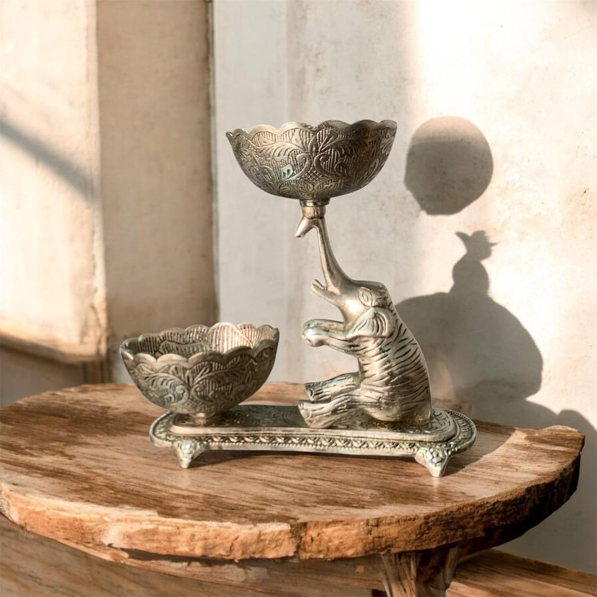 VIBHSA Antique Silver Elephant Dry Fruit Bowl Holder