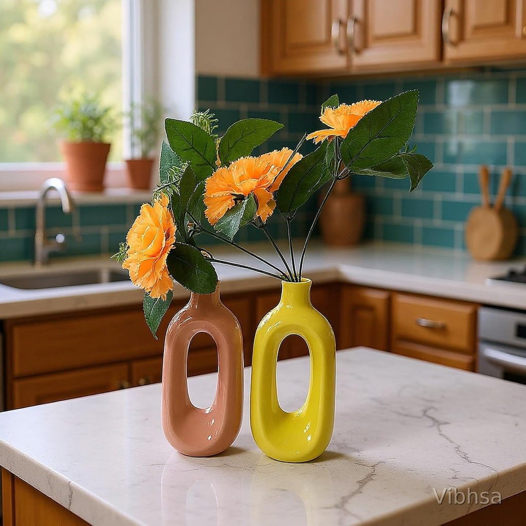 VIBHSA Modern Ceramic Hollow Vase Set of 2 – Pink & Yellow