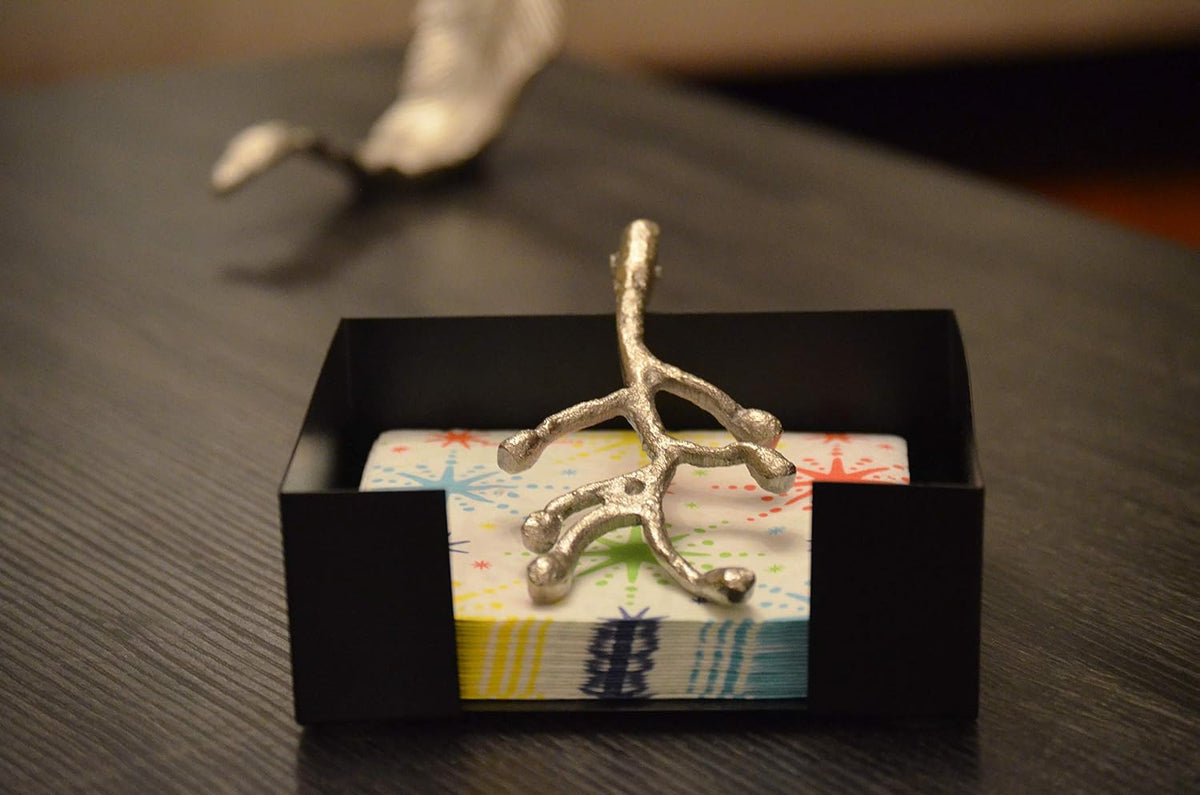 VIBHSA Handcrafted Decorative Napkin Holder for Tables Silver Olive Branch with Bud