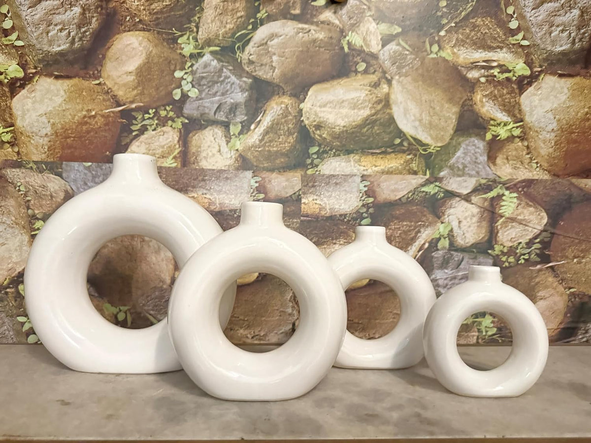 VIBHSA White Vase/Flower Vase/Pampas Grass Vase/Ceramic Vase/Round Shaped Vase/Home Decor Centrepiece/Decor Showpiece Donut Vase 4