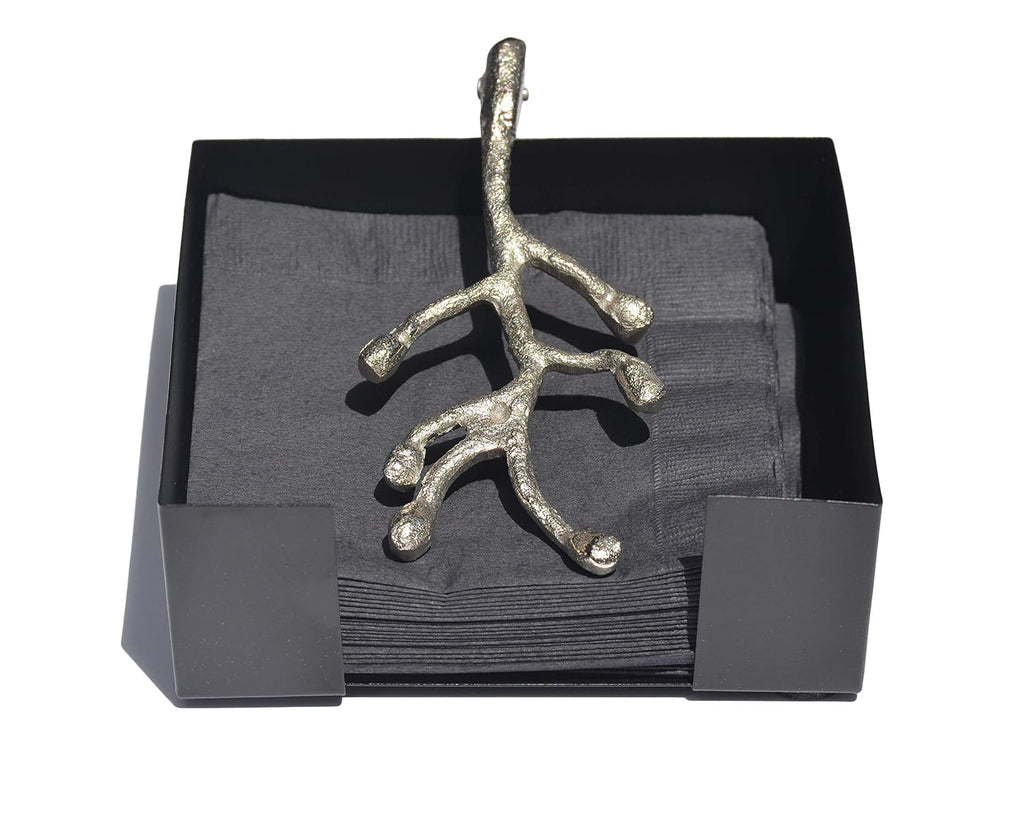 VIBHSA Handcrafted Decorative Napkin Holder for Tables Silver Olive Branch with Bud
