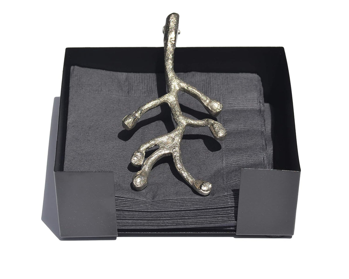 VIBHSA Handcrafted Decorative Napkin Holder for Tables Silver Olive Branch with Bud