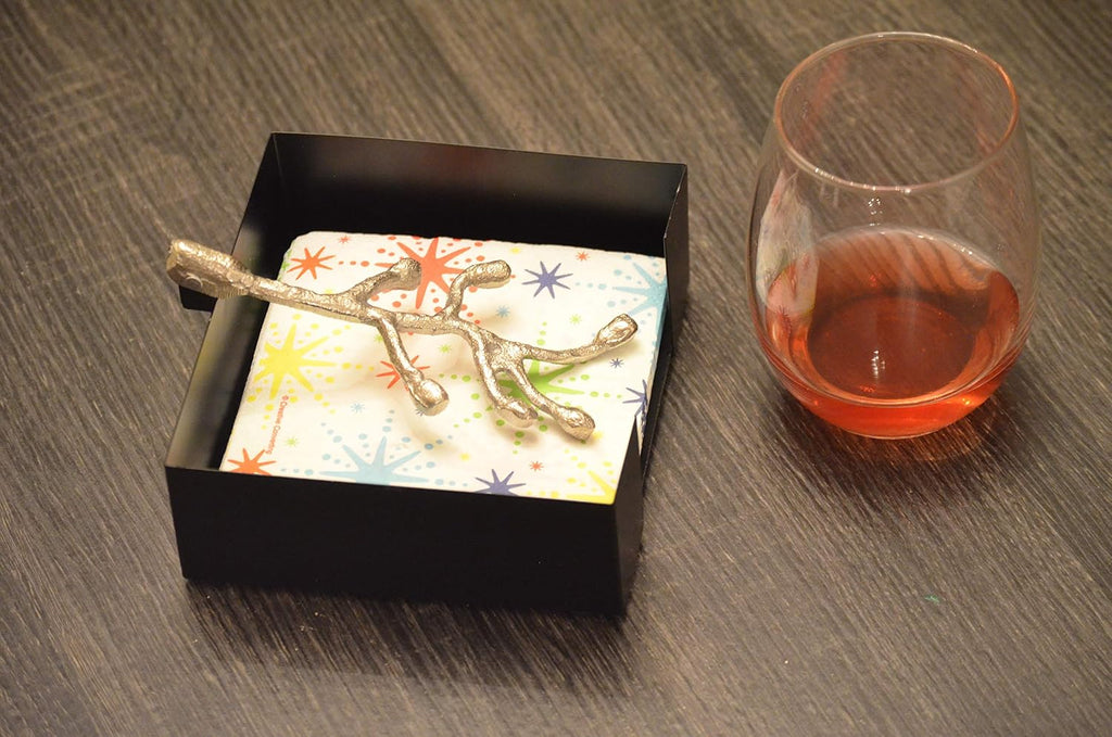VIBHSA Handcrafted Decorative Napkin Holder for Tables Silver Olive Branch with Bud