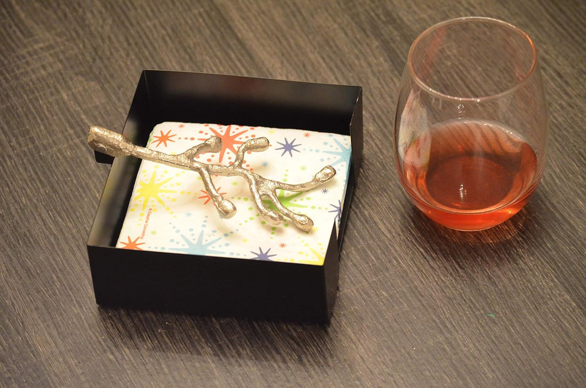 VIBHSA Handcrafted Decorative Napkin Holder for Tables Silver Olive Branch with Bud