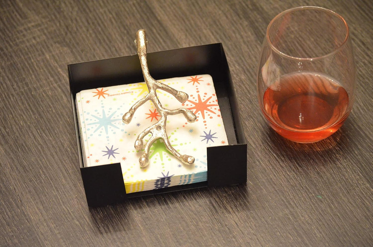 VIBHSA Handcrafted Decorative Napkin Holder for Tables Silver Olive Branch with Bud